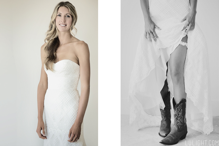 Simple strapless wedding dress, bride with cowboy boots